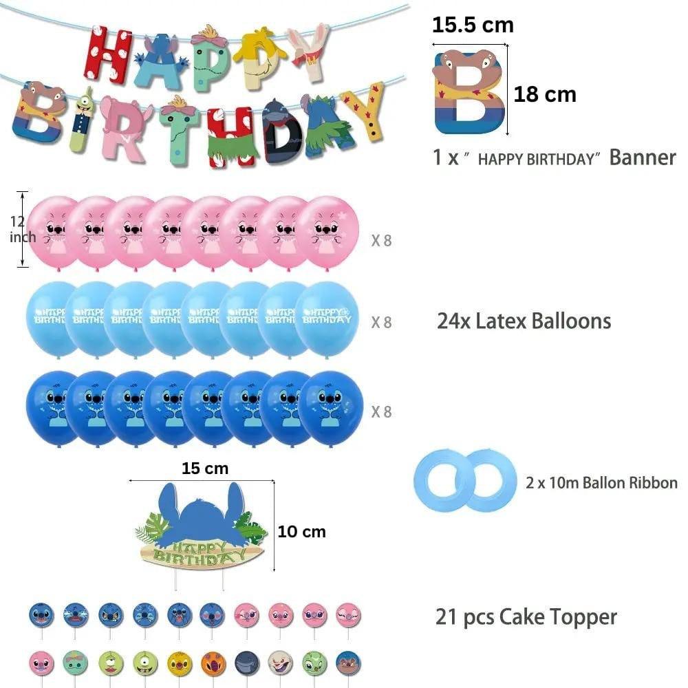 Set 24 baloane pentru Copii, Lilo si Stich, Petrecere Aniversare, Latex, 1 Banner Happy Birthday, 21 Cupcake Topper, 1 Cake Topper, Roz/ Albastru/ Turcoaz - costumecarnaval - serbare.ro