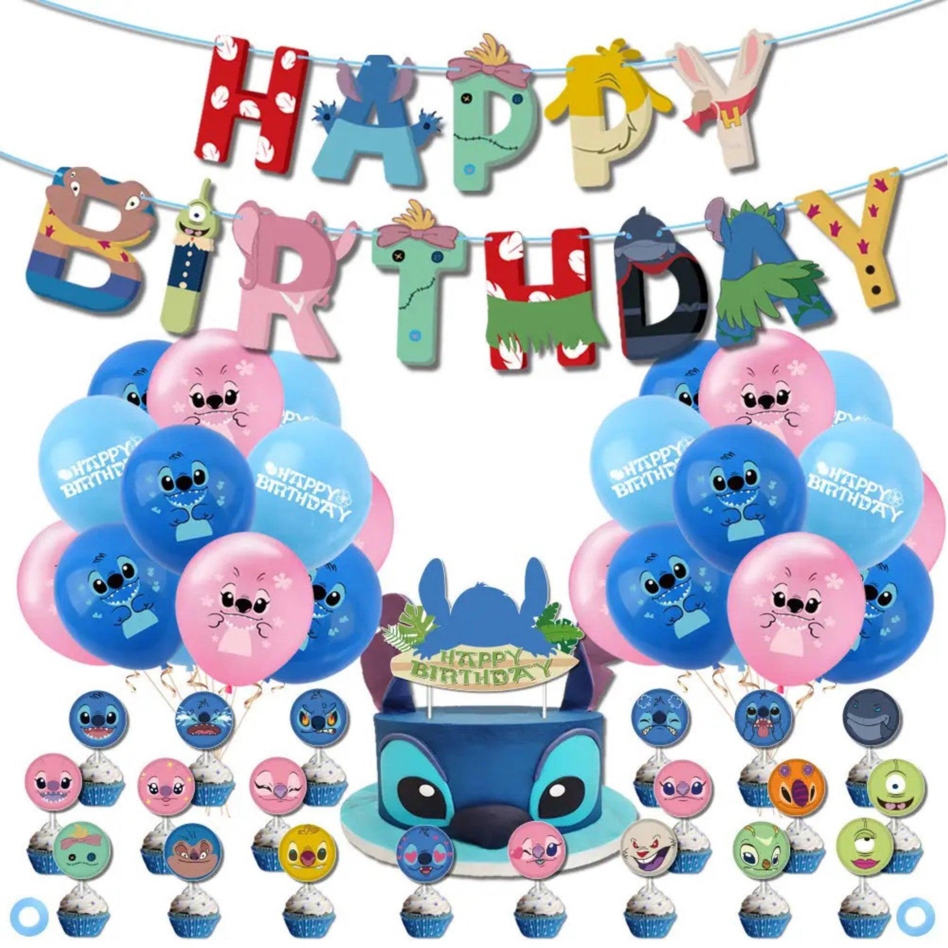 Set 24 baloane pentru Copii, Lilo si Stich, Petrecere Aniversare, Latex, 1 Banner Happy Birthday, 21 Cupcake Topper, 1 Cake Topper, Roz/ Albastru/ Turcoaz - costumecarnaval - serbare.ro