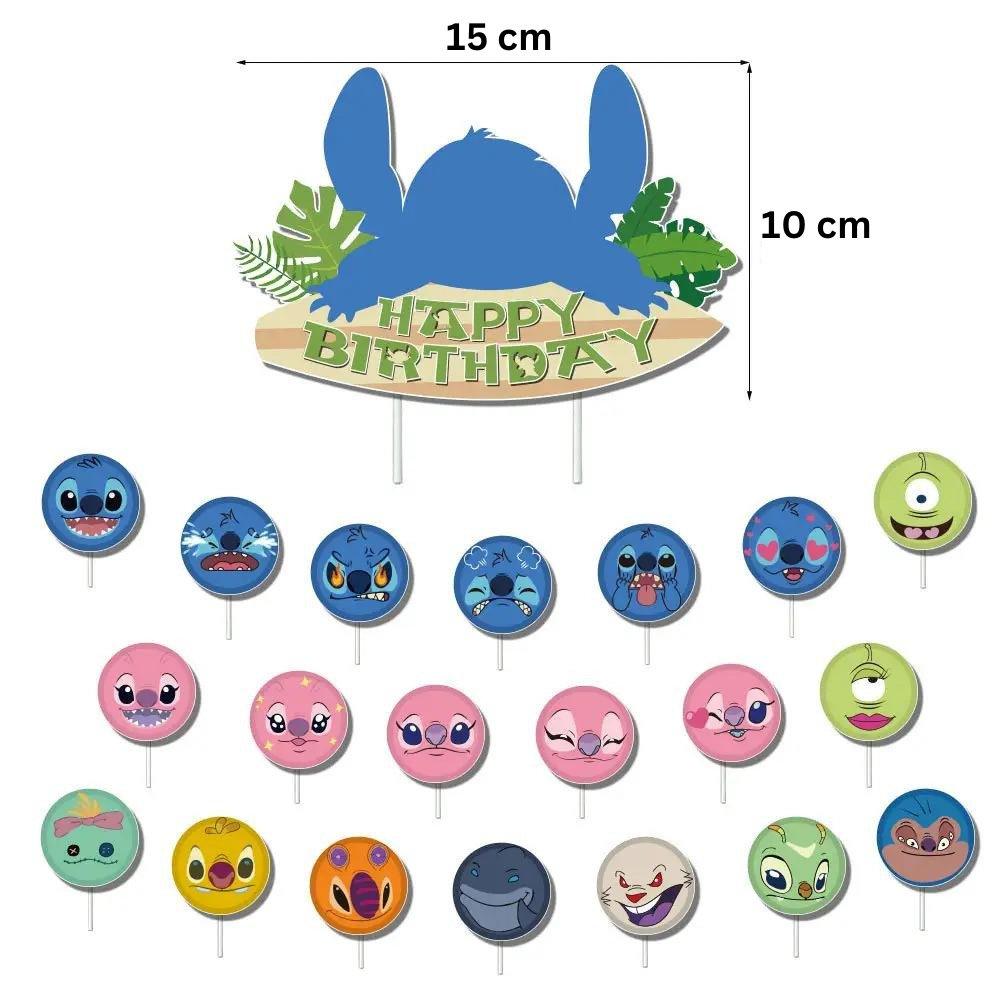 Set 24 baloane pentru Copii, Lilo si Stich, Petrecere Aniversare, Latex, 1 Banner Happy Birthday, 21 Cupcake Topper, 1 Cake Topper, Roz/ Albastru/ Turcoaz - costumecarnaval - serbare.ro