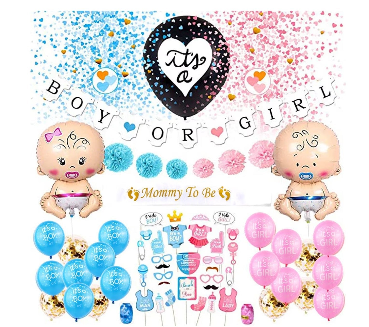 Set 79 de accesorii pentru Gender Reveal cu 39 de Baloane, Bebelusi, EvrikaUnity®, Petrecere dezvaluire de gen copil, Latex, 30 photo props, Multicolor - costumecarnaval - serbare.ro