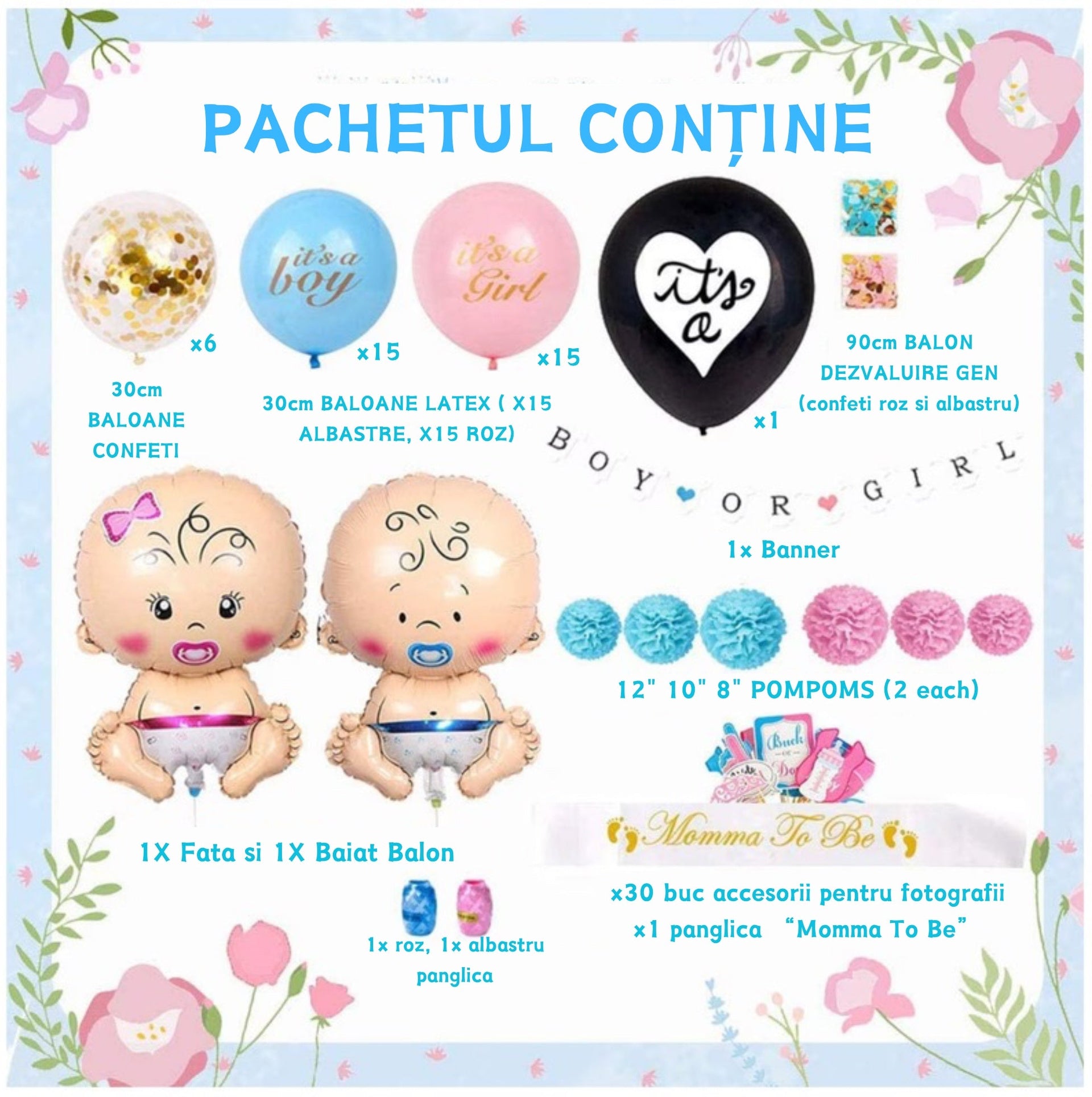 Set 79 de accesorii pentru Gender Reveal cu 39 de Baloane, Bebelusi, EvrikaUnity®, Petrecere dezvaluire de gen copil, Latex, 30 photo props, Multicolor - costumecarnaval - serbare.ro