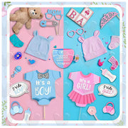 Set 79 de accesorii pentru Gender Reveal cu 39 de Baloane, Picioruse, EvrikaUnity®, Petrecere dezvaluire de gen copil, Latex, 30 photo props, Roz/ Albastru - costumecarnaval - serbare.ro