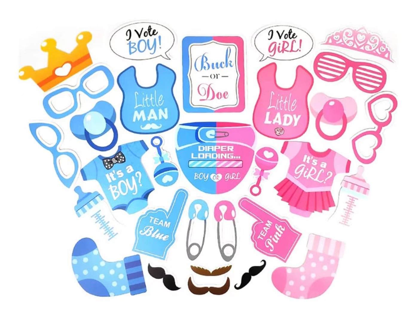 Set 79 de accesorii pentru Gender Reveal cu 39 de Baloane, Picioruse, EvrikaUnity®, Petrecere dezvaluire de gen copil, Latex, 30 photo props, Roz/ Albastru - costumecarnaval - serbare.ro