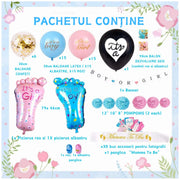 Set 79 de accesorii pentru Gender Reveal cu 39 de Baloane, Picioruse, EvrikaUnity®, Petrecere dezvaluire de gen copil, Latex, 30 photo props, Roz/ Albastru - costumecarnaval - serbare.ro