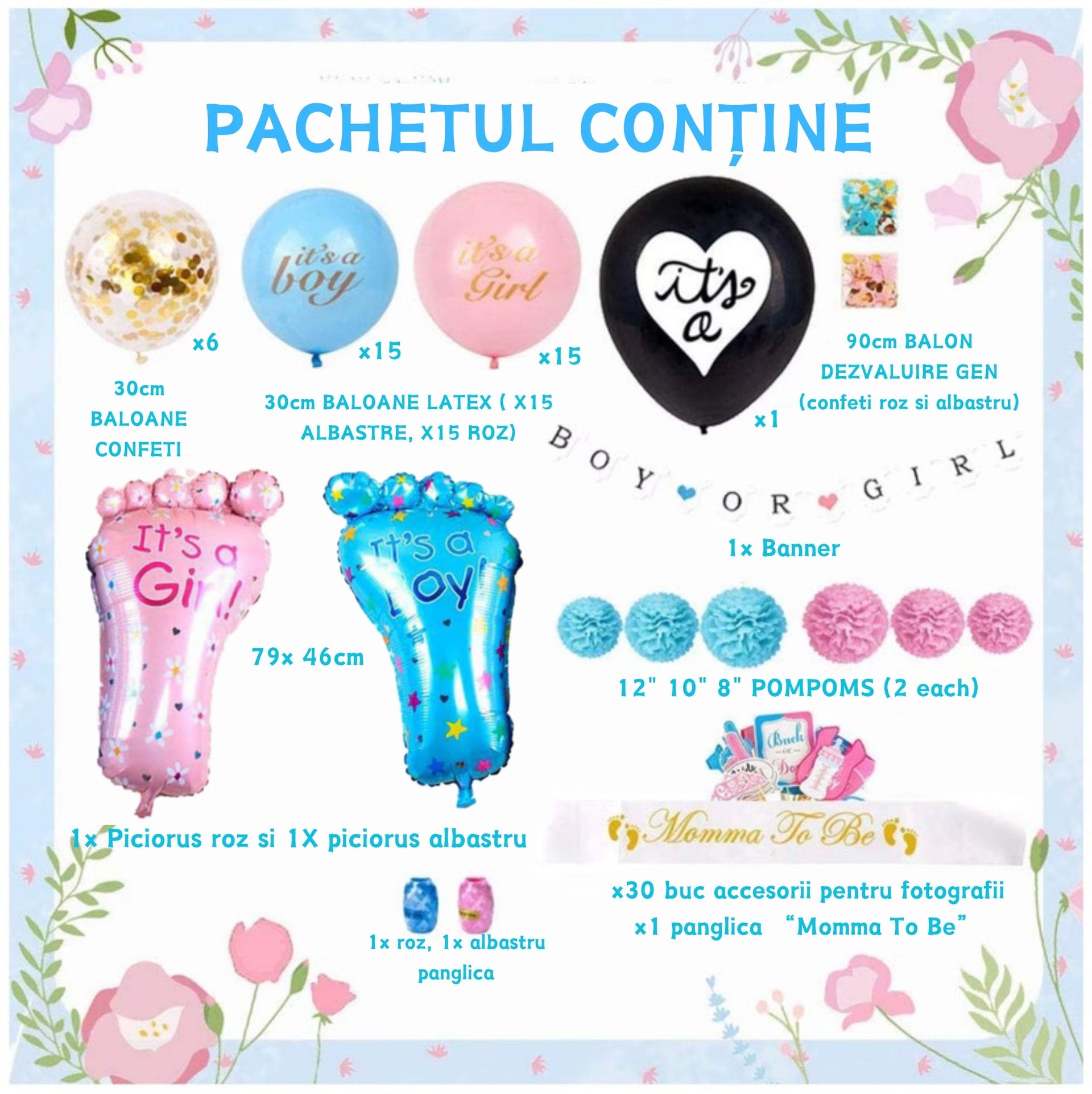Set 79 de accesorii pentru Gender Reveal cu 39 de Baloane, Picioruse, EvrikaUnity®, Petrecere dezvaluire de gen copil, Latex, 30 photo props, Roz/ Albastru - costumecarnaval - serbare.ro