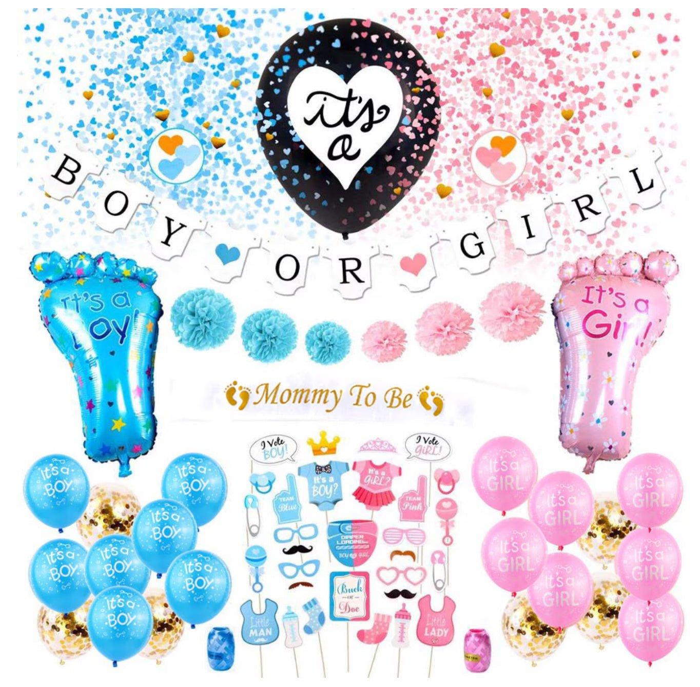 Set 79 de accesorii pentru Gender Reveal cu 39 de Baloane, Picioruse, EvrikaUnity®, Petrecere dezvaluire de gen copil, Latex, 30 photo props, Roz/ Albastru - costumecarnaval - serbare.ro