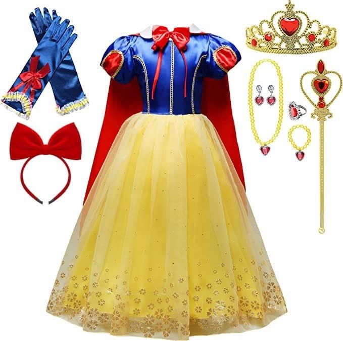 Set Rochie Alba ca Zapada, cu Accesorii si Pelerina, Tesaturi premium, 5 - 6 ani, 130 cm, Albastru / Galben - costumecarnaval - serbare.ro