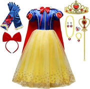 Set Rochie Alba ca Zapada, cu Accesorii si Pelerina, Tesaturi premium, 6 - 7 ani, 140 cm, Albastru / Galben - costumecarnaval - serbare.ro
