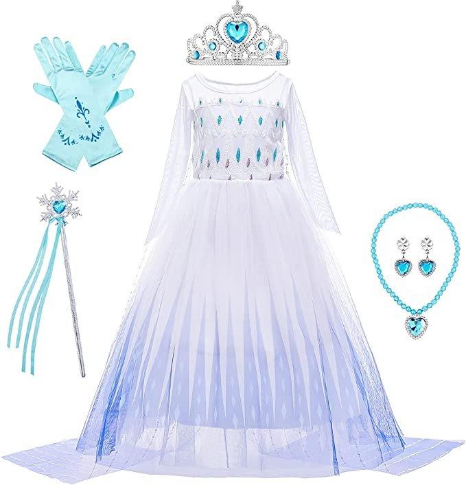 Set Rochie Elsa Frozen 2, cu Accesorii si Trena detasabila, Tesaturi premium, 6 - 7 ani, 140 cm, Alb / Mov perlat - costumecarnaval - serbare.ro