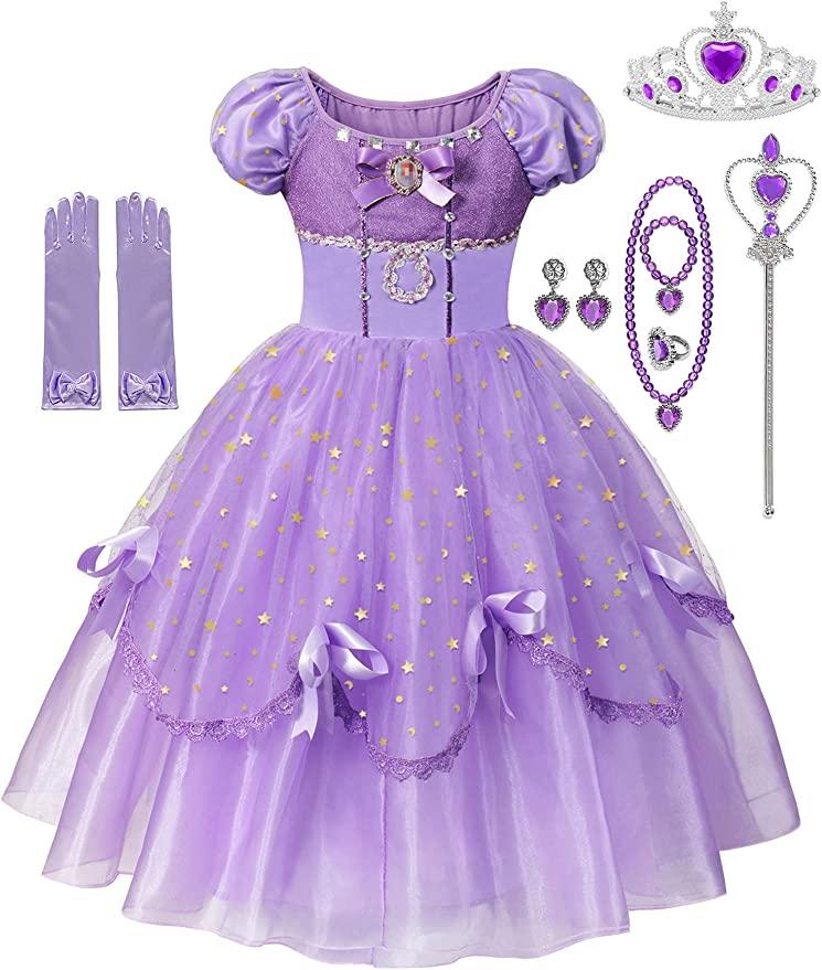 Set Rochie Printesa Sofia, cu Coronita si Accesorii, Tesaturi premium, 4 - 5 ani, 120 cm, Mov imperial - costumecarnaval - serbare.ro