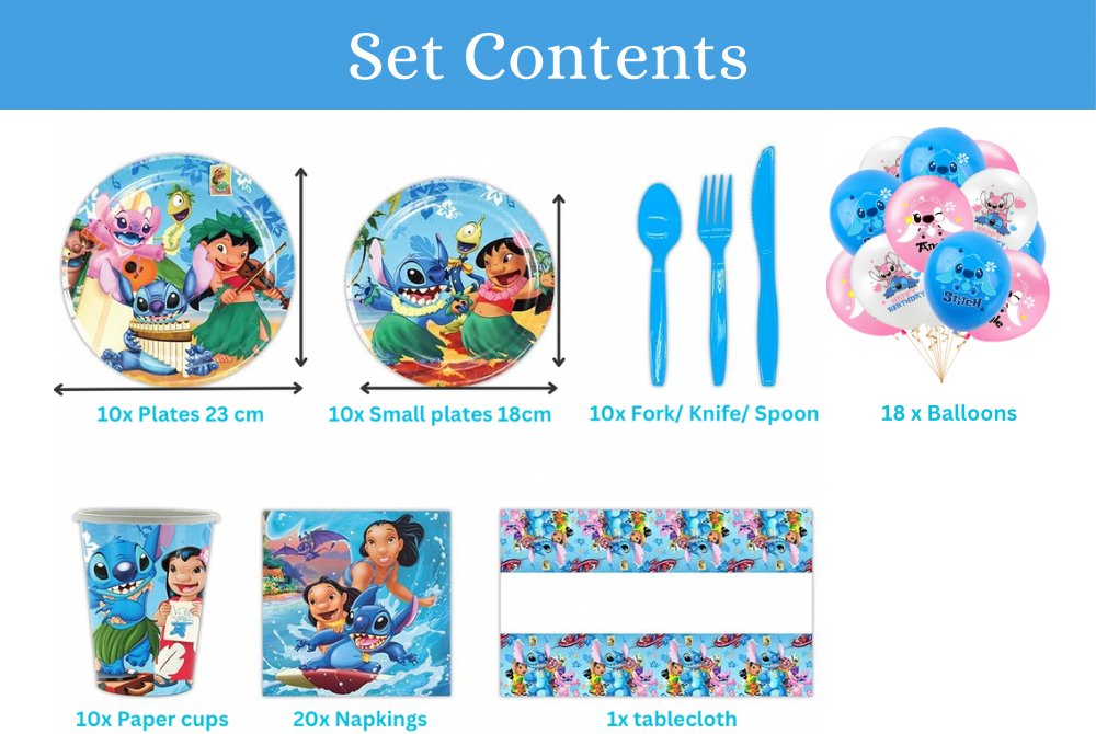 Set vesela pentru 10 copii cu 18 Baloane, Lilo si Stitch, Petrecere Aniversara, 1x Fata de Masa, 10x Farfurie mare, 10x Farfurie mica, 10x Pahare, 20x Servetele, 10x Furculita/Lingura/Cutit, Carton, A - costumecarnaval - serbare.ro