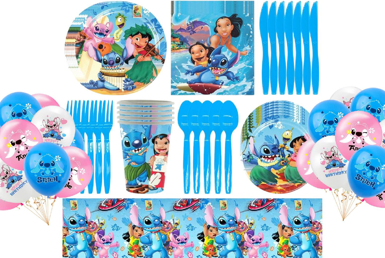 Set vesela pentru 10 copii cu 18 Baloane, Lilo si Stitch, Petrecere Aniversara, 1x Fata de Masa, 10x Farfurie mare, 10x Farfurie mica, 10x Pahare, 20x Servetele, 10x Furculita/Lingura/Cutit, Carton, A - costumecarnaval - serbare.ro