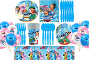 Set vesela pentru 10 copii cu 18 Baloane, Lilo si Stitch, Petrecere Aniversara, 1x Fata de Masa, 10x Farfurie mare, 10x Farfurie mica, 10x Pahare, 20x Servetele, 10x Furculita/Lingura/Cutit, Carton, A - costumecarnaval - serbare.ro