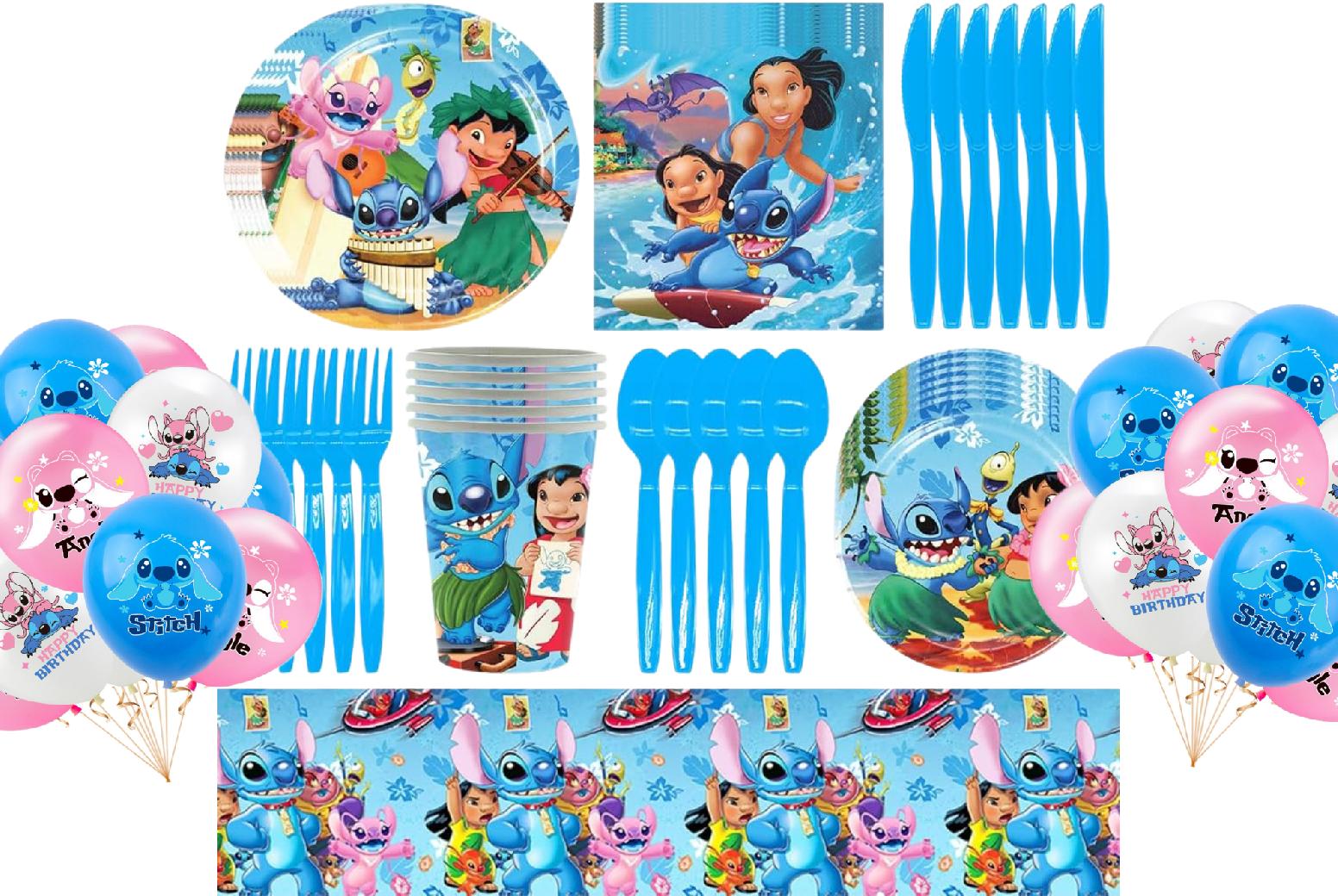 Set vesela pentru 10 copii cu 18 Baloane, Lilo si Stitch, Petrecere Aniversara, 1x Fata de Masa, 10x Farfurie mare, 10x Farfurie mica, 10x Pahare, 20x Servetele, 10x Furculita/Lingura/Cutit, Carton, A - costumecarnaval - serbare.ro