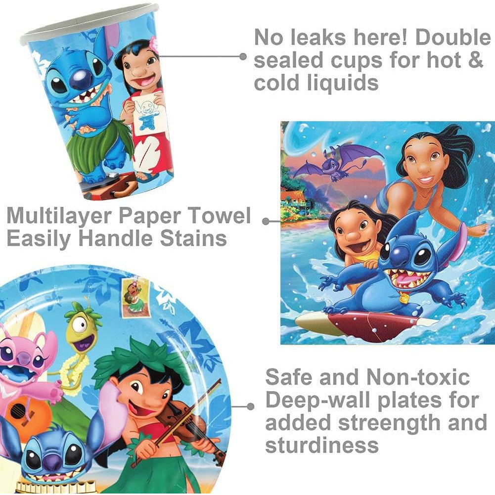 Set vesela pentru 10 copii cu 18 Baloane, Lilo si Stitch, Petrecere Aniversara, 1x Fata de Masa, 10x Farfurie mare, 10x Farfurie mica, 10x Pahare, 20x Servetele, 10x Furculita/Lingura/Cutit, Carton, A - costumecarnaval - serbare.ro