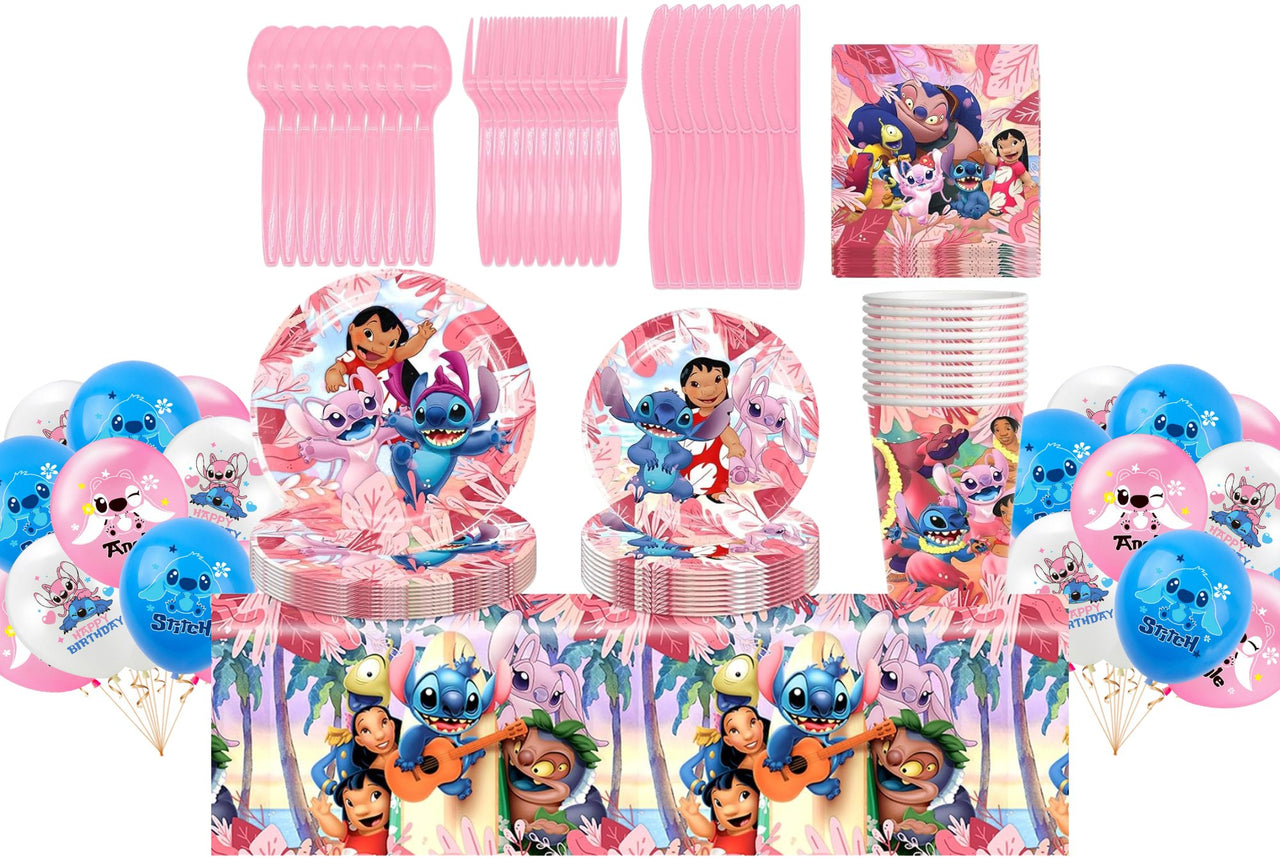 Set vesela pentru 10 copii cu 18 Baloane, Lilo si Stitch, Petrecere Aniversara, 1x Fata de Masa, 10x Farfurie mare, 10x Farfurie mica,10x Pahare, 20x Servetele, 10x Furculita/Lingura/Cutit, Carton, Ro - costumecarnaval - serbare.ro