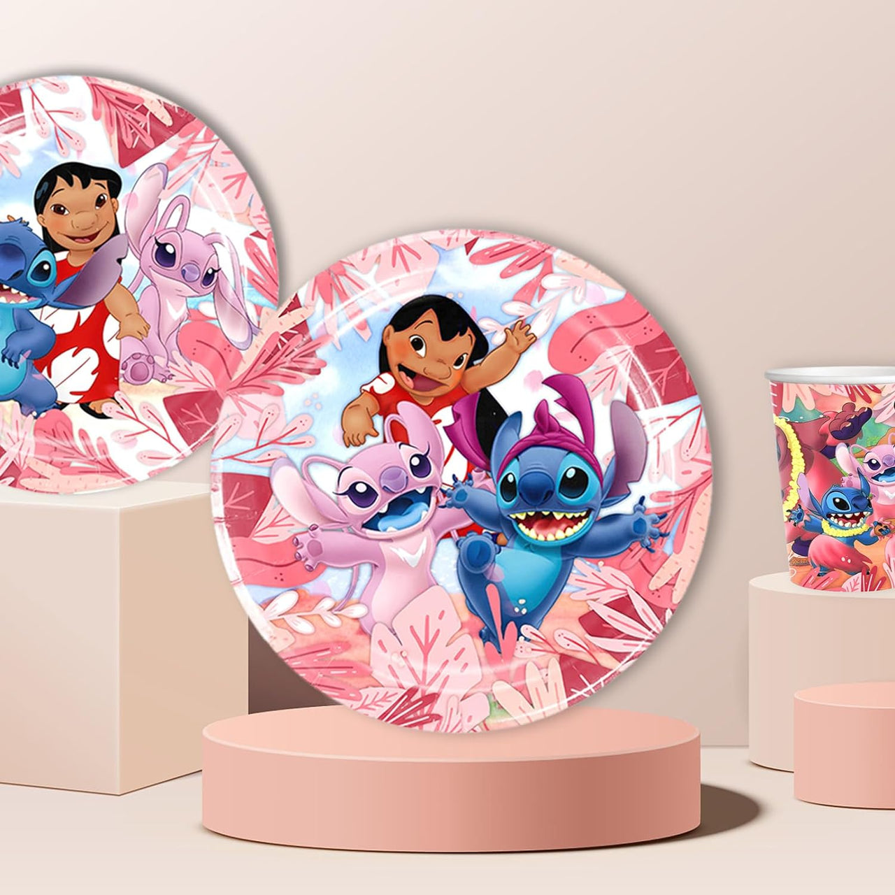 Set vesela pentru 10 copii cu 18 Baloane, Lilo si Stitch, Petrecere Aniversara, 1x Fata de Masa, 10x Farfurie mare, 10x Farfurie mica,10x Pahare, 20x Servetele, 10x Furculita/Lingura/Cutit, Carton, Ro - costumecarnaval - serbare.ro