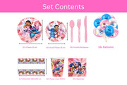Set vesela pentru 10 copii cu 18 Baloane, Lilo si Stitch, Petrecere Aniversara, 1x Fata de Masa, 10x Farfurie mare, 10x Farfurie mica,10x Pahare, 20x Servetele, 10x Furculita/Lingura/Cutit, Carton, Ro - costumecarnaval - serbare.ro