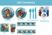 Set vesela pentru 10 copii cu 20 Baloane, Moana, Petrecere Aniversara, 1x Fata de Masa, 10x Farfurie mare, 10x Farfurie mica,10x Pahare, 20x Servetele, 10x Furculita/Lingura/Cutit, Carton, Albastru - costumecarnaval - serbare.ro