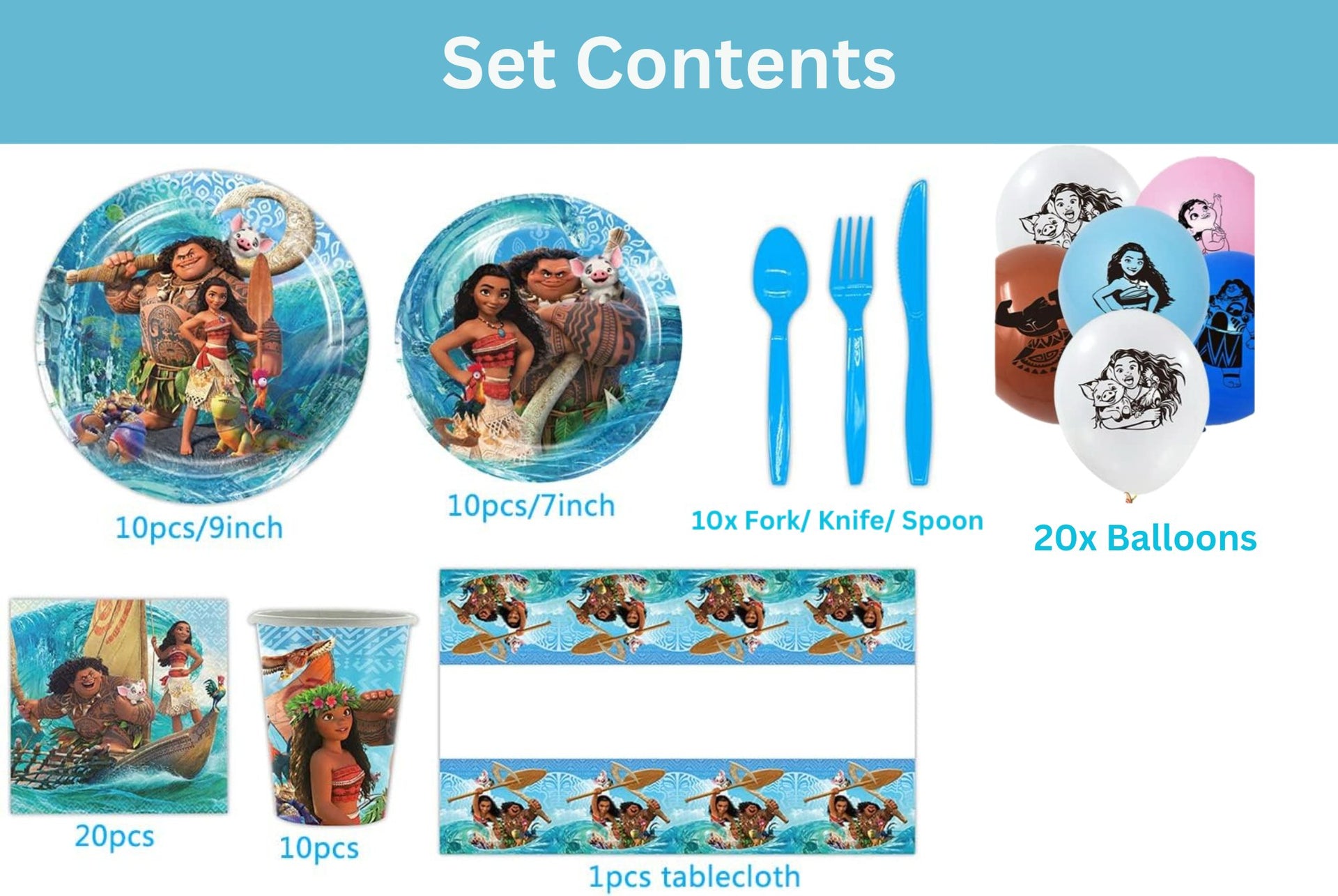 Set vesela pentru 10 copii cu 20 Baloane, Moana, Petrecere Aniversara, 1x Fata de Masa, 10x Farfurie mare, 10x Farfurie mica,10x Pahare, 20x Servetele, 10x Furculita/Lingura/Cutit, Carton, Albastru - costumecarnaval - serbare.ro