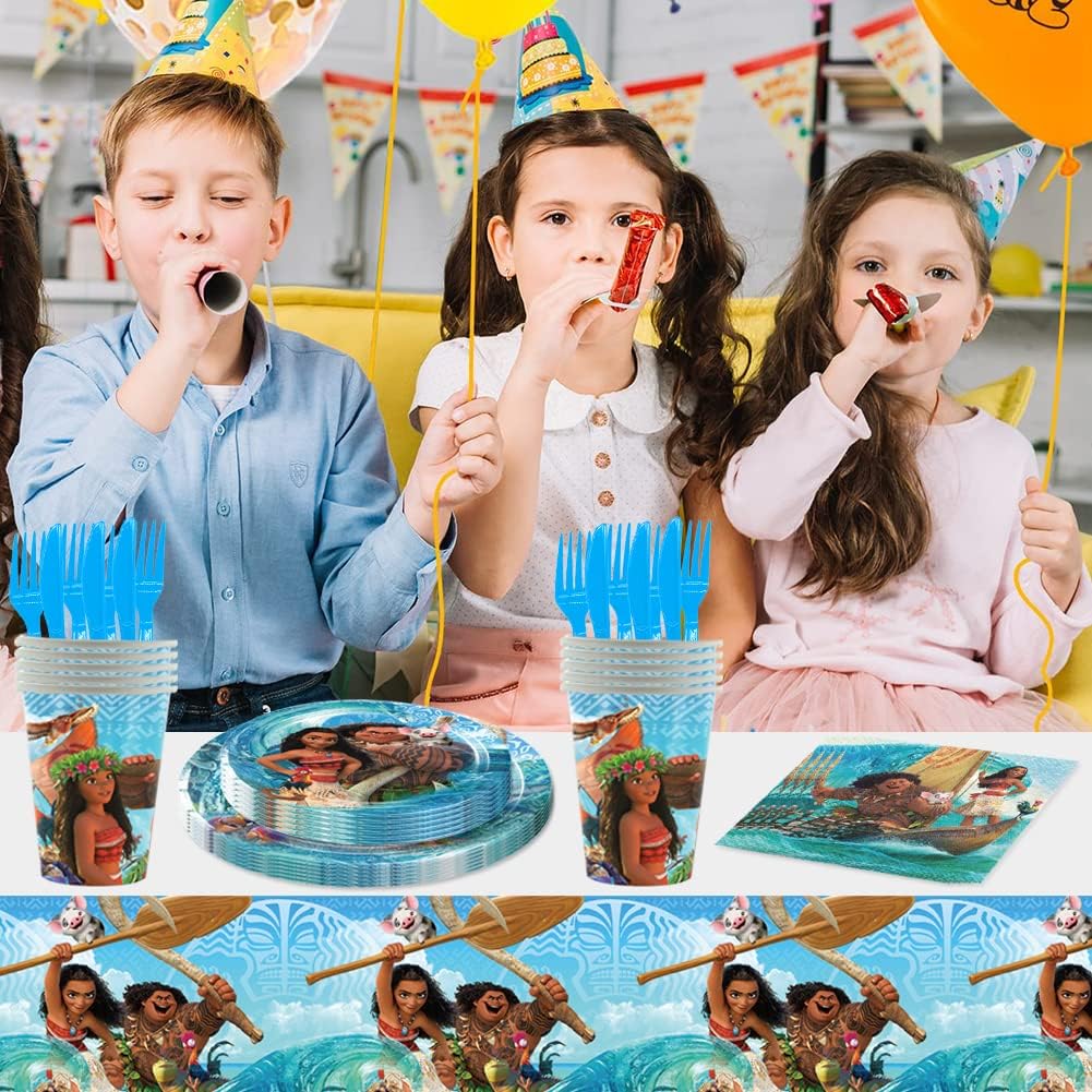 Set vesela pentru 10 copii cu 20 Baloane, Moana, Petrecere Aniversara, 1x Fata de Masa, 10x Farfurie mare, 10x Farfurie mica,10x Pahare, 20x Servetele, 10x Furculita/Lingura/Cutit, Carton, Albastru - costumecarnaval - serbare.ro