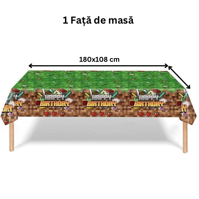 Set vesela pentru 10 copii cu 24 Baloane, Minecraft, Petrecere Aniversara, 1x Happy Birthday Banner 1x Fata de Masa, 10x Farfurie mare, 10x Farfurie mica, 10x Pahare, 20x Servetele, 10x Furculita/Ling - costumecarnaval - serbare.ro