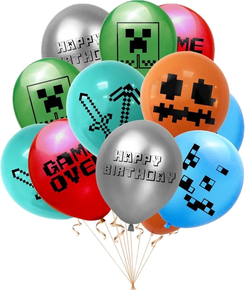Set vesela pentru 10 copii cu 24 Baloane, Minecraft, Petrecere Aniversara, 1x Happy Birthday Banner 1x Fata de Masa, 10x Farfurie mare, 10x Farfurie mica, 10x Pahare, 20x Servetele, 10x Furculita/Ling - costumecarnaval - serbare.ro