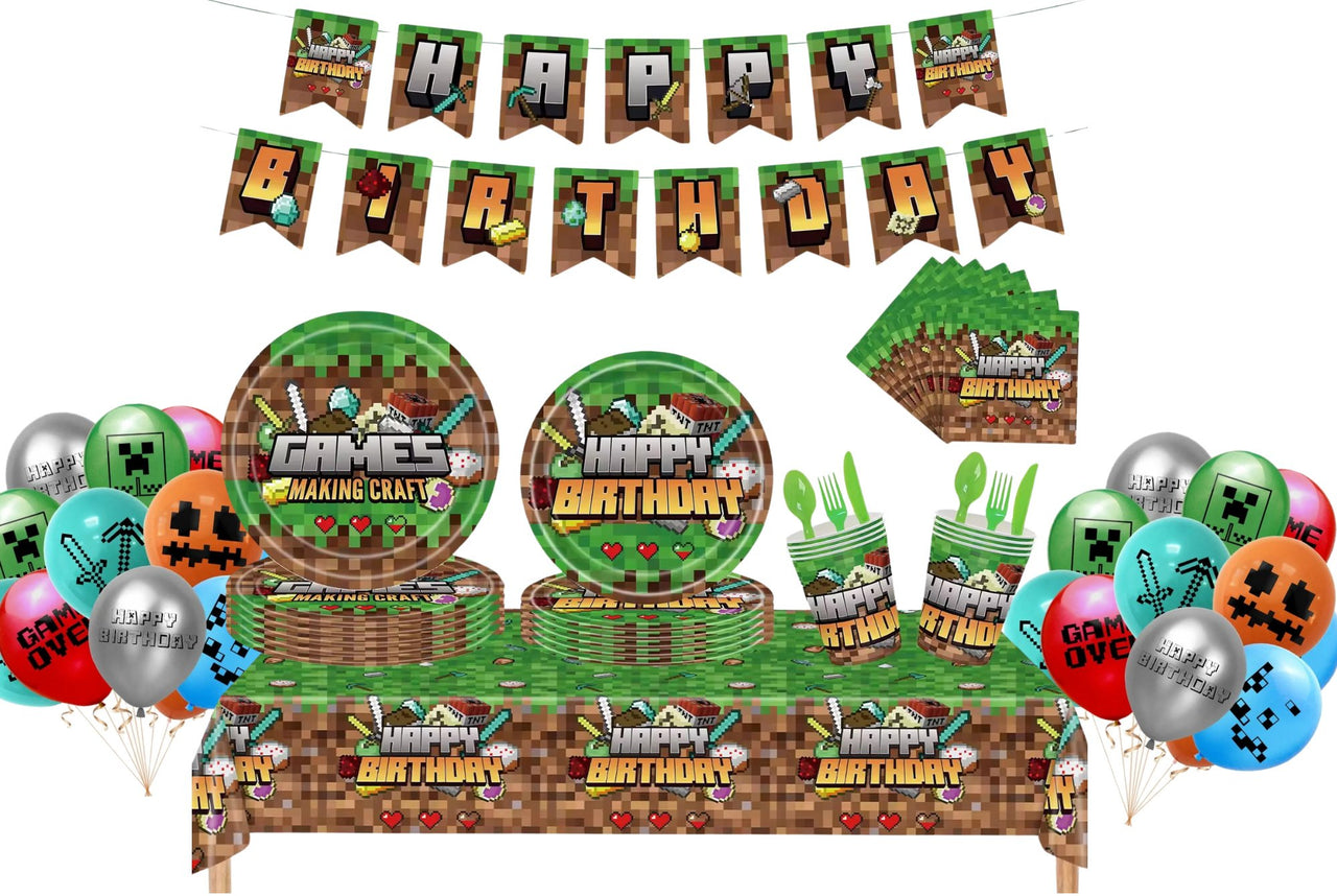 Set vesela pentru 10 copii cu 24 Baloane, Minecraft, Petrecere Aniversara, 1x Happy Birthday Banner 1x Fata de Masa, 10x Farfurie mare, 10x Farfurie mica, 10x Pahare, 20x Servetele, 10x Furculita/Ling - costumecarnaval - serbare.ro