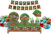 Set vesela pentru 10 copii cu 24 Baloane, Minecraft, Petrecere Aniversara, 1x Happy Birthday Banner 1x Fata de Masa, 10x Farfurie mare, 10x Farfurie mica, 10x Pahare, 20x Servetele, 10x Furculita/Ling - costumecarnaval - serbare.ro