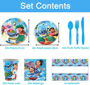Set vesela pentru 10 Copii, Lilo si Stitch, Petrecere Aniversara, 1x Fata de Masa, 10x Farfurie mare, 10x Farfurie mica, 10x Pahare, 20x Servetele, 10x Furculita/Lingura/Cutit, Carton, Albastru - costumecarnaval - serbare.ro