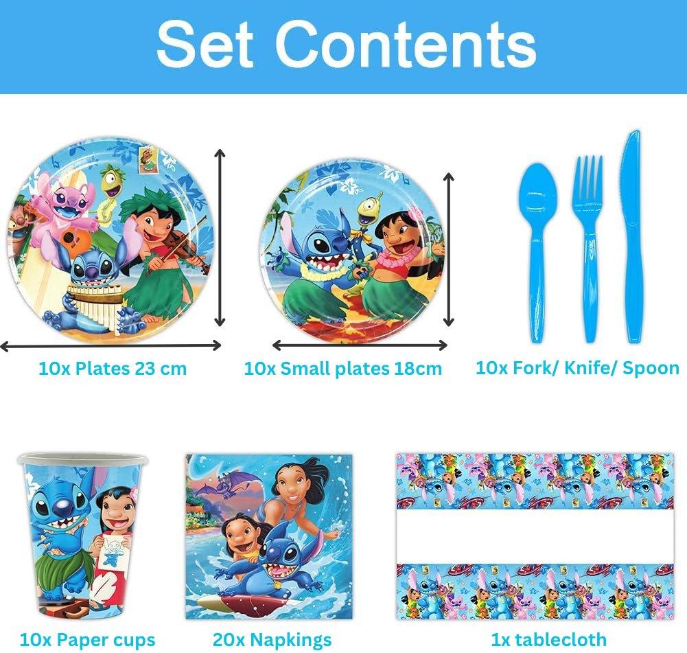 Set vesela pentru 10 Copii, Lilo si Stitch, Petrecere Aniversara, 1x Fata de Masa, 10x Farfurie mare, 10x Farfurie mica, 10x Pahare, 20x Servetele, 10x Furculita/Lingura/Cutit, Carton, Albastru - costumecarnaval - serbare.ro