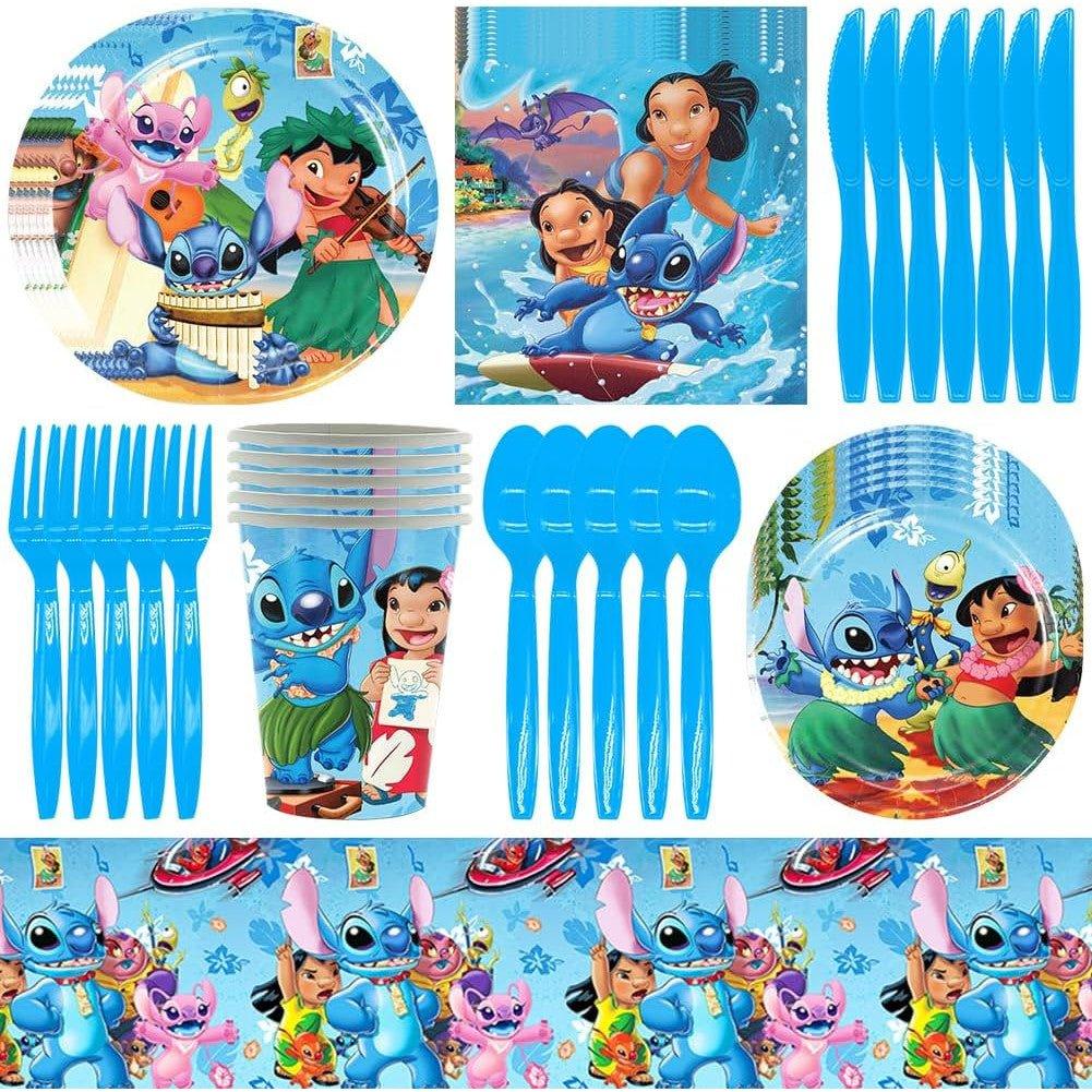 Set vesela pentru 10 Copii, Lilo si Stitch, Petrecere Aniversara, 1x Fata de Masa, 10x Farfurie mare, 10x Farfurie mica, 10x Pahare, 20x Servetele, 10x Furculita/Lingura/Cutit, Carton, Albastru - costumecarnaval - serbare.ro