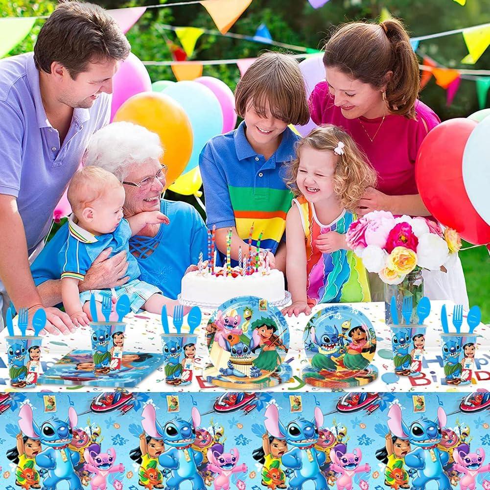Set vesela pentru 10 Copii, Lilo si Stitch, Petrecere Aniversara, 1x Fata de Masa, 10x Farfurie mare, 10x Farfurie mica, 10x Pahare, 20x Servetele, 10x Furculita/Lingura/Cutit, Carton, Albastru - costumecarnaval - serbare.ro