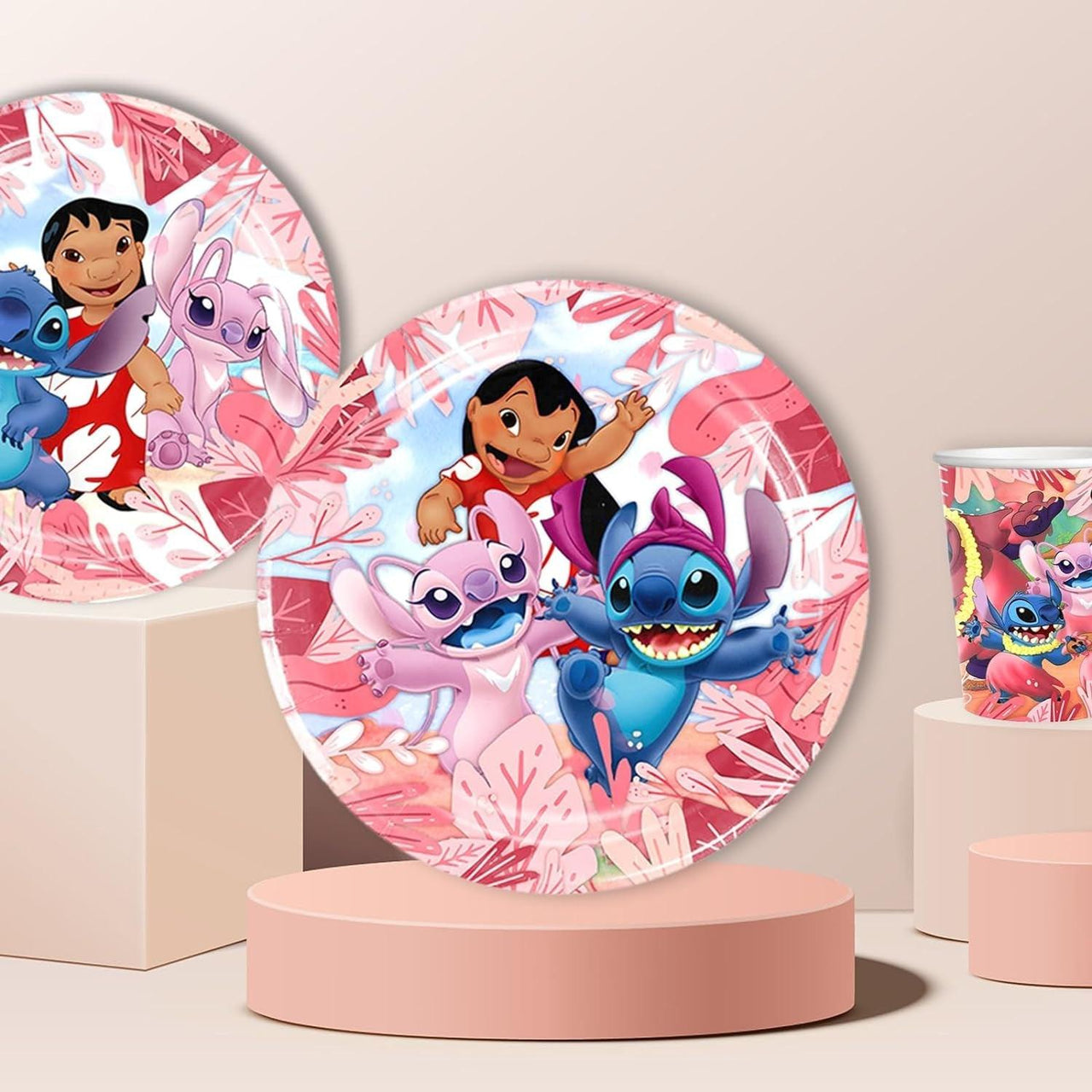 Set vesela pentru 10 Copii, Lilo si Stitch, Petrecere Aniversara, 1x Fata de Masa, 10x Farfurie mare, 10x Farfurie mica, 10x Pahare, 20x Servetele, 10x Furculita/Lingura/Cutit, Carton, Roz - costumecarnaval - serbare.ro