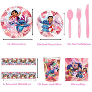 Set vesela pentru 10 Copii, Lilo si Stitch, Petrecere Aniversara, 1x Fata de Masa, 10x Farfurie mare, 10x Farfurie mica, 10x Pahare, 20x Servetele, 10x Furculita/Lingura/Cutit, Carton, Roz - costumecarnaval - serbare.ro