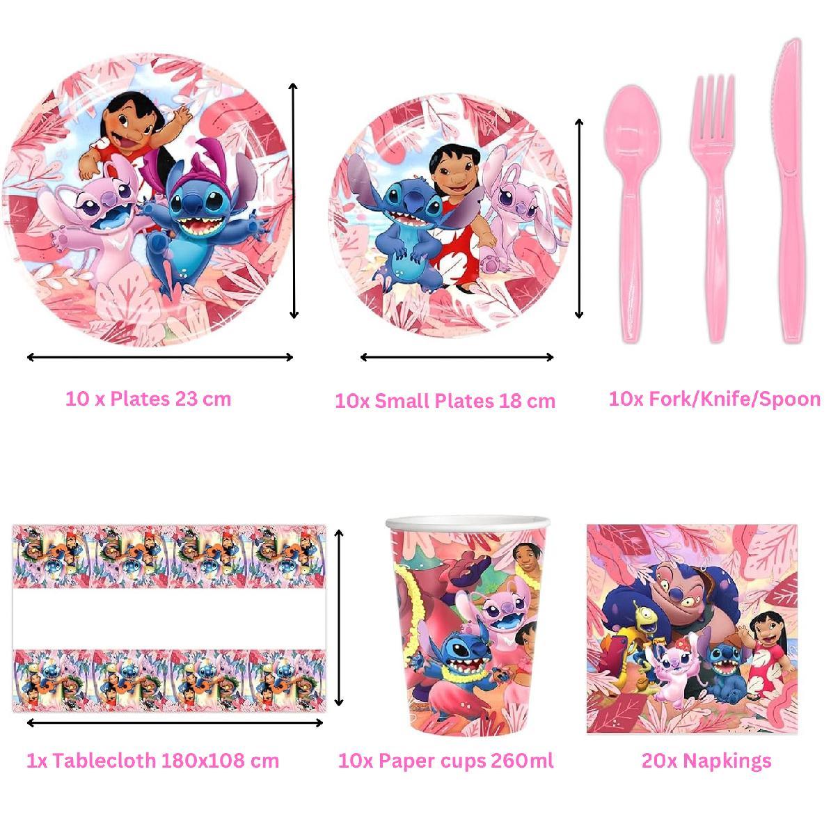 Set vesela pentru 10 Copii, Lilo si Stitch, Petrecere Aniversara, 1x Fata de Masa, 10x Farfurie mare, 10x Farfurie mica, 10x Pahare, 20x Servetele, 10x Furculita/Lingura/Cutit, Carton, Roz - costumecarnaval - serbare.ro