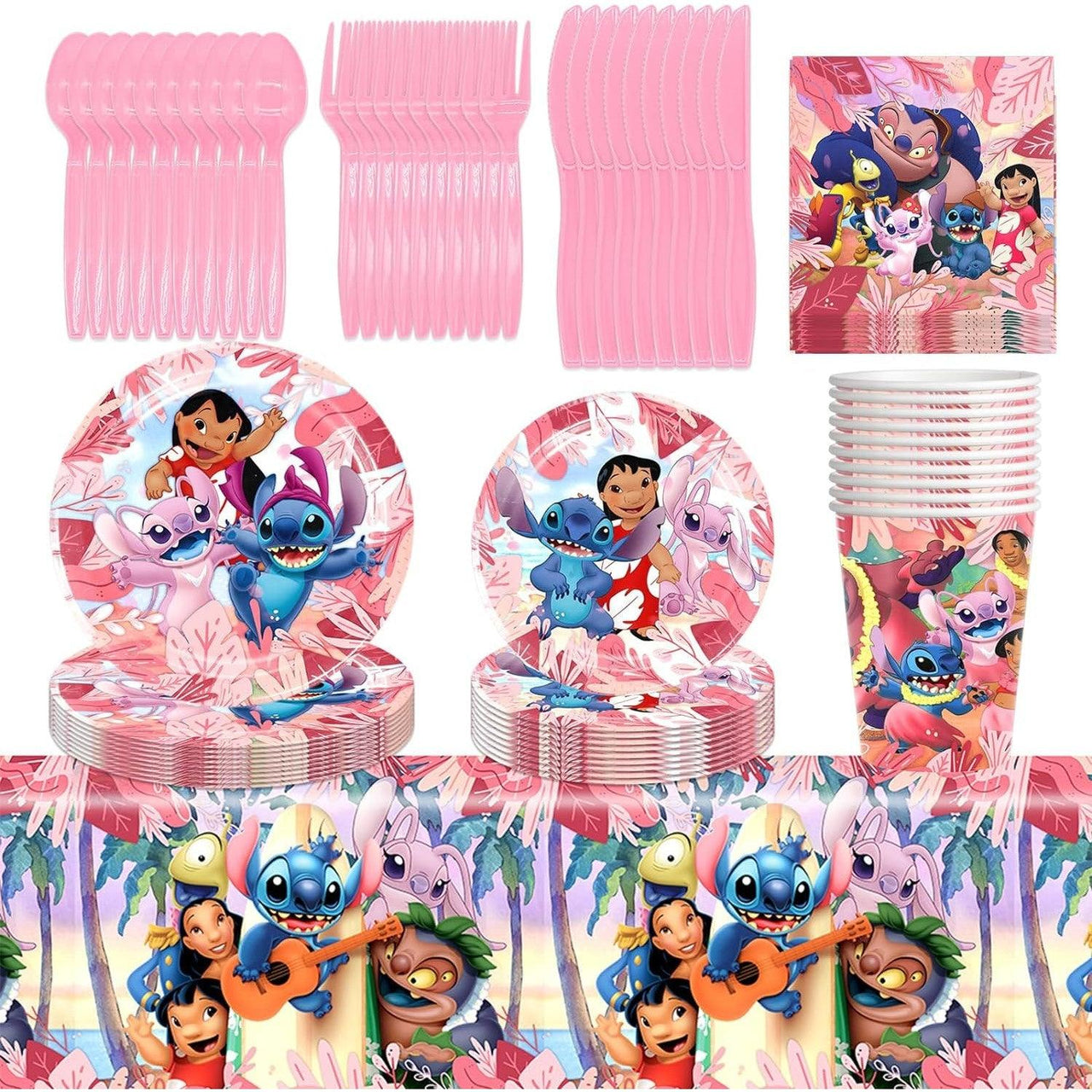 Set vesela pentru 10 Copii, Lilo si Stitch, Petrecere Aniversara, 1x Fata de Masa, 10x Farfurie mare, 10x Farfurie mica, 10x Pahare, 20x Servetele, 10x Furculita/Lingura/Cutit, Carton, Roz - costumecarnaval - serbare.ro