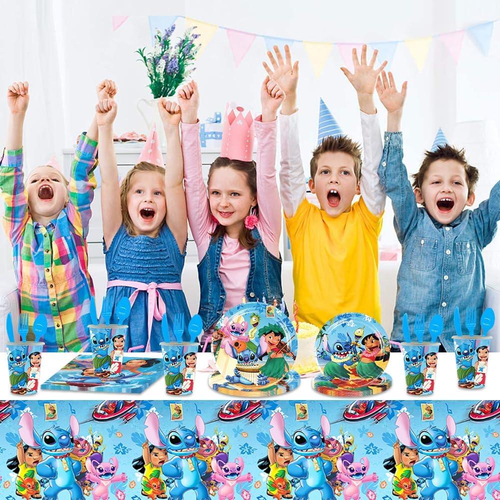 Set vesela pentru 10 Copii, Lilo si Stitch, Petrecere Aniversara, 1x Fata de Masa, 10x Farfurie mare, 10x Farfurie mica, 10x Pahare, 20x Servetele, 10x Furculita/Lingura/Cutit, Carton, Albastru - costumecarnaval - serbare.ro