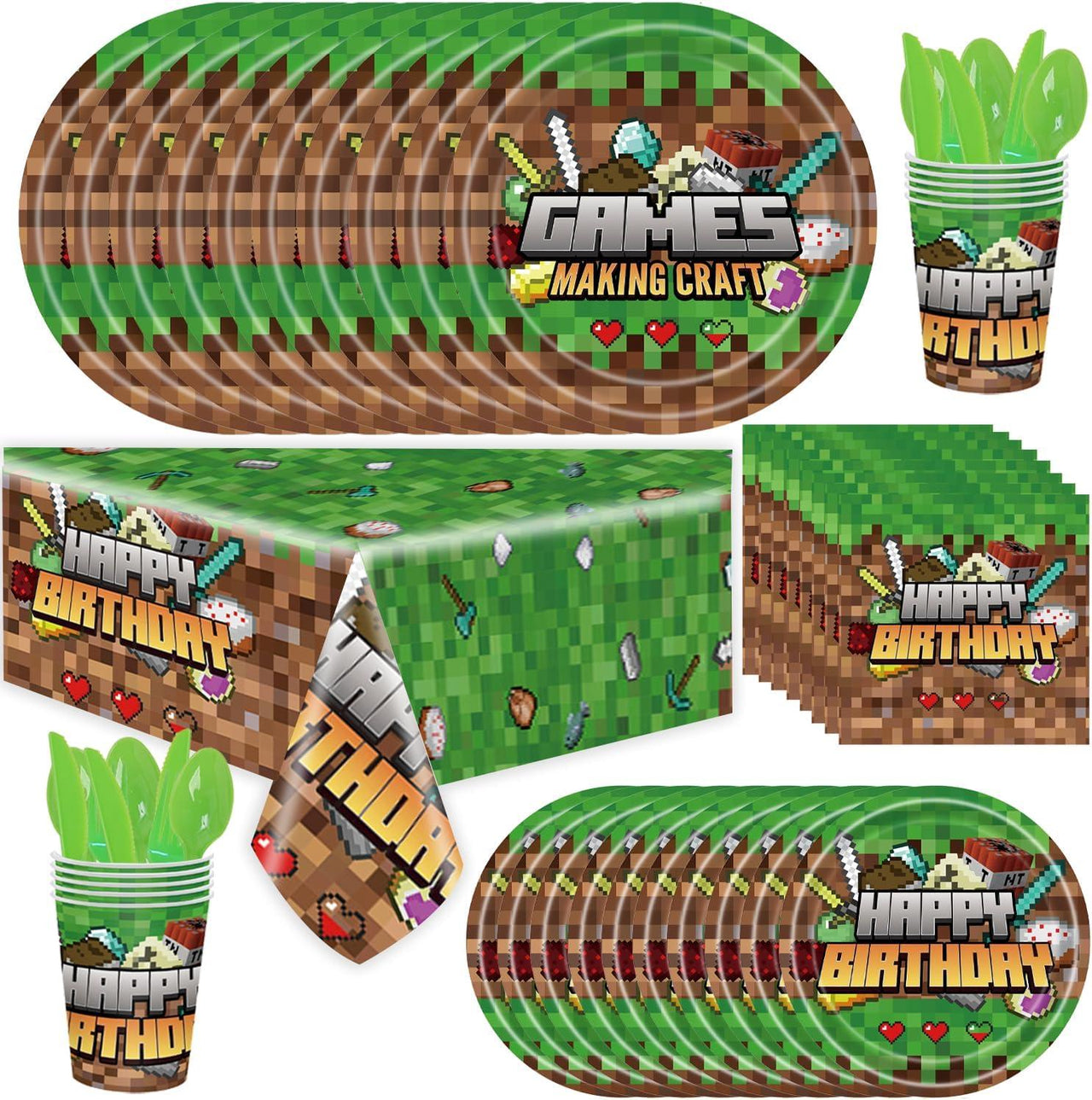Set vesela pentru 10 copii, Minecraft, Petrecere Aniversara, Carton, Verde - costumecarnaval - serbare.ro