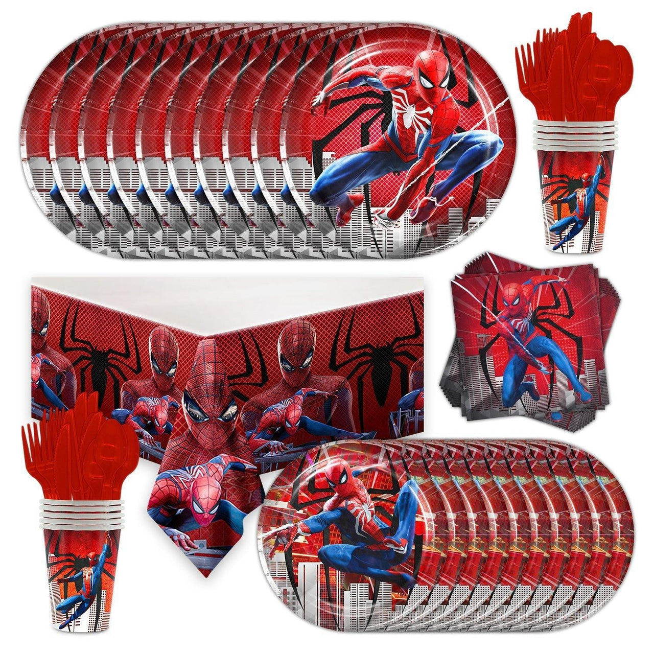 Set vesela pentru 10 copii, Spider - man, Petrecere Aniversara, Carton, Rosu/ Albastru - costumecarnaval - serbare.ro