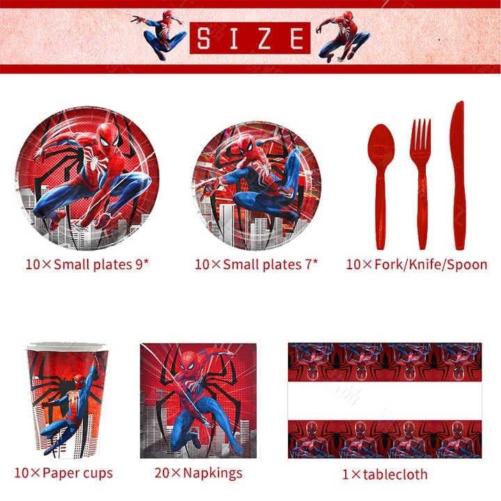 Set vesela pentru 10 copii, Spider - man, Petrecere Aniversara, Carton, Rosu/ Albastru - costumecarnaval - serbare.ro